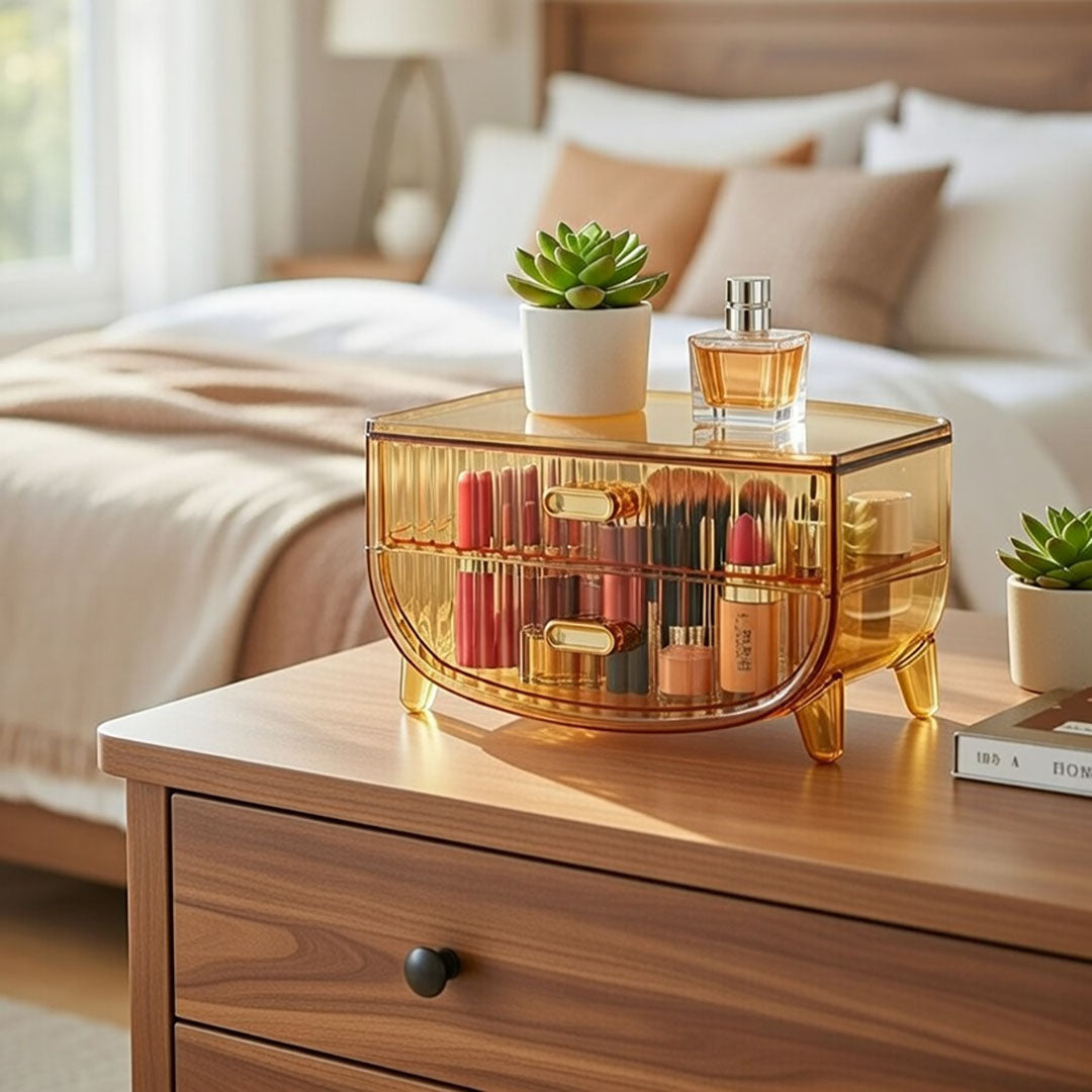 SOGA 2 Tier Golden Yellow Multifunctional Countertop Cosmetic Storage Makeup Skincare Holder Jewelry Cabinet Bathroom Desk Drawer Vanity Organiser