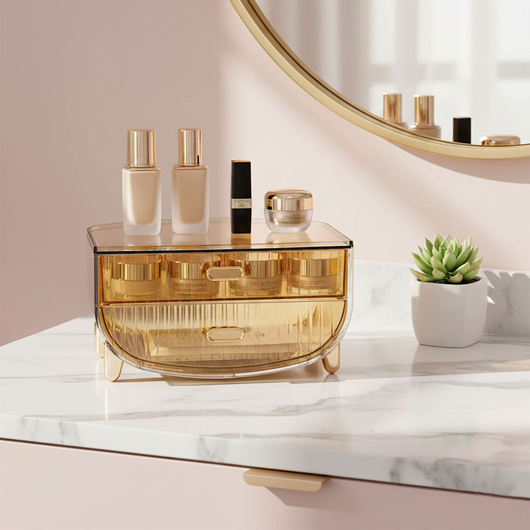 SOGA 2 Tier Golden Yellow Multifunctional Countertop Cosmetic Storage Makeup Skincare Holder Jewelry Cabinet Bathroom Desk Drawer Vanity Organiser